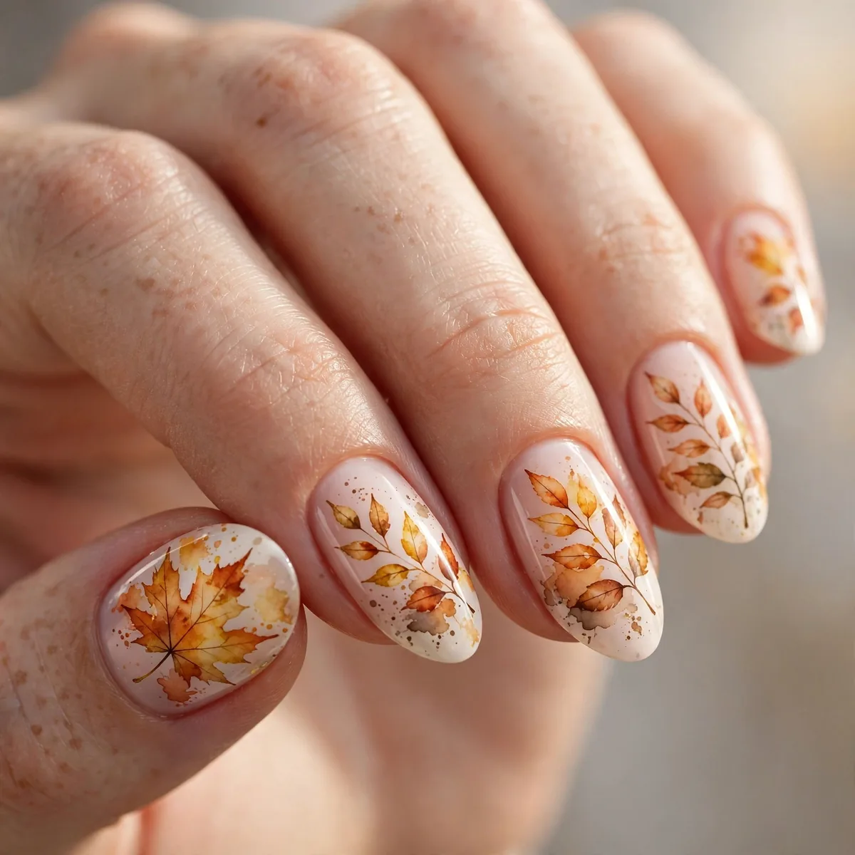 Watercolor autumn leaf nail art