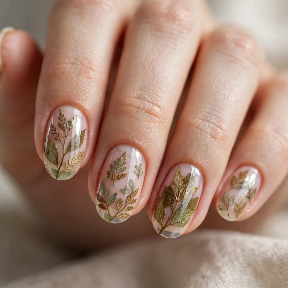 Realistic pressed leaf nail art