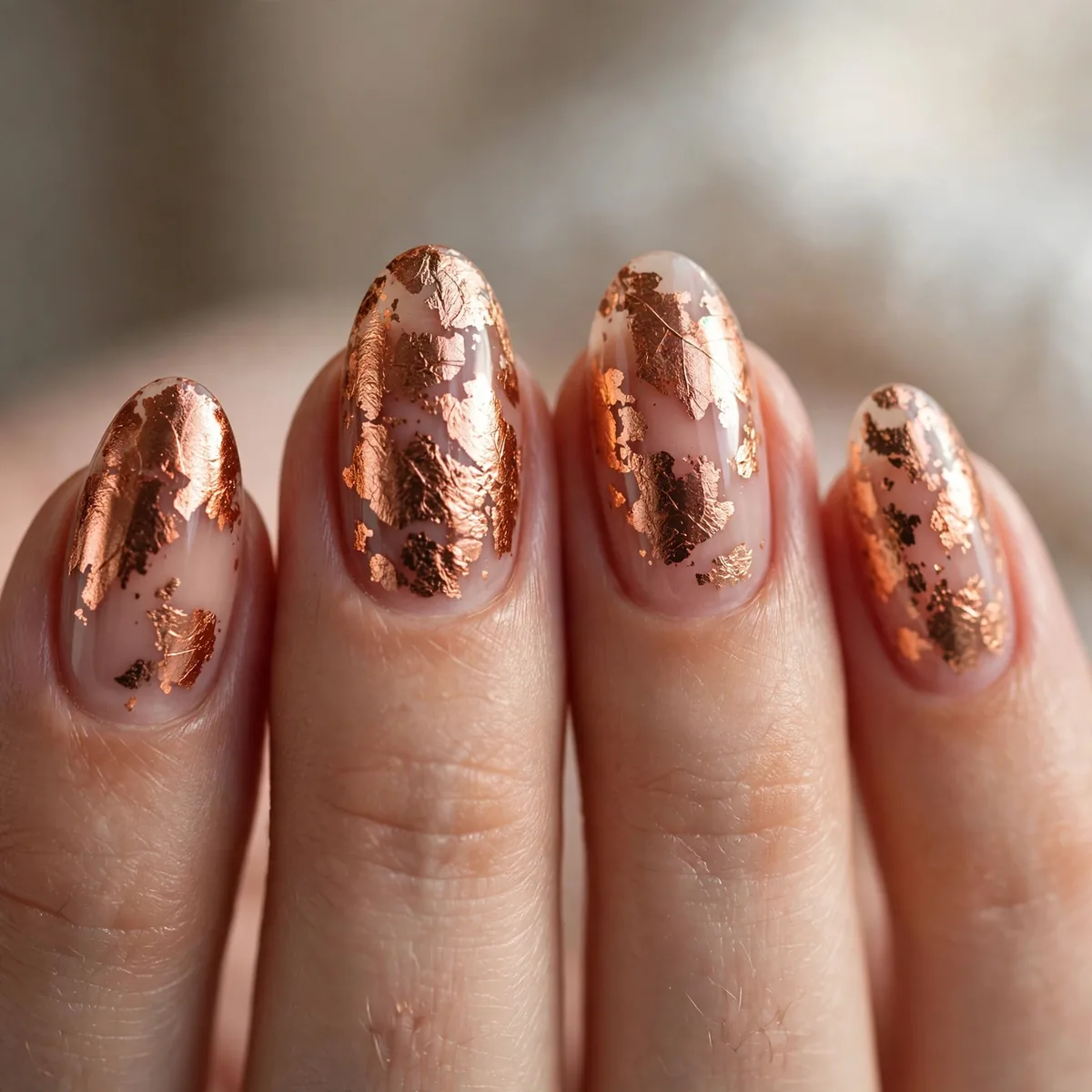 Copper metallic leaf nail art