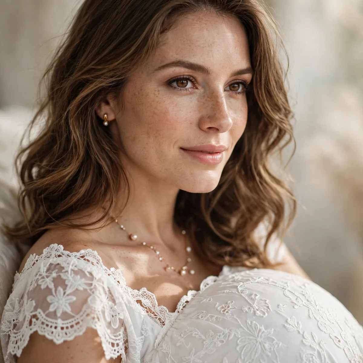 Pregnant woman in white baby shower dress