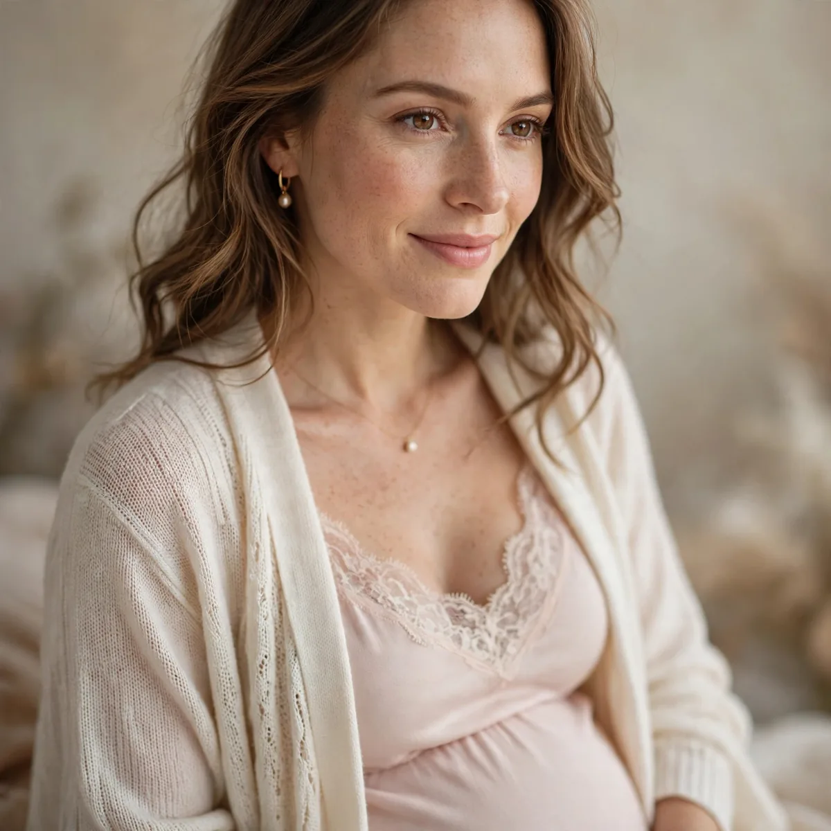 Light cardigan baby shower outfit