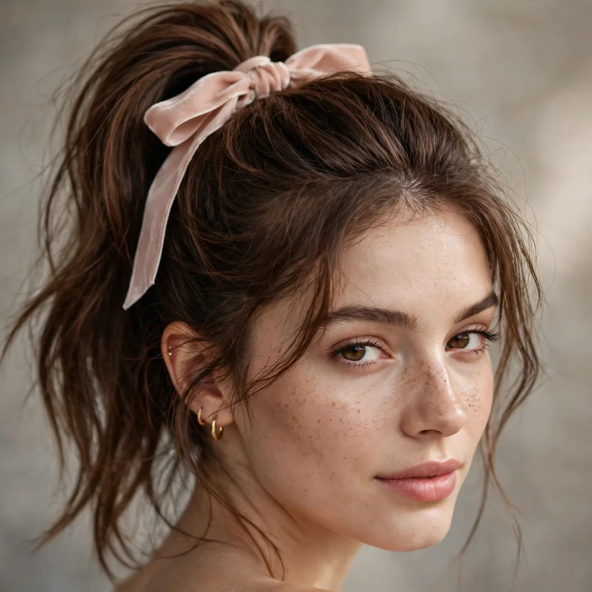 High ponytail tied with ribbon