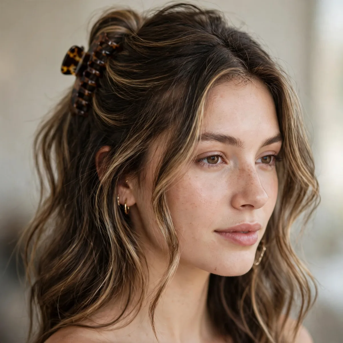 Half-up hairstyle secured with claw clip