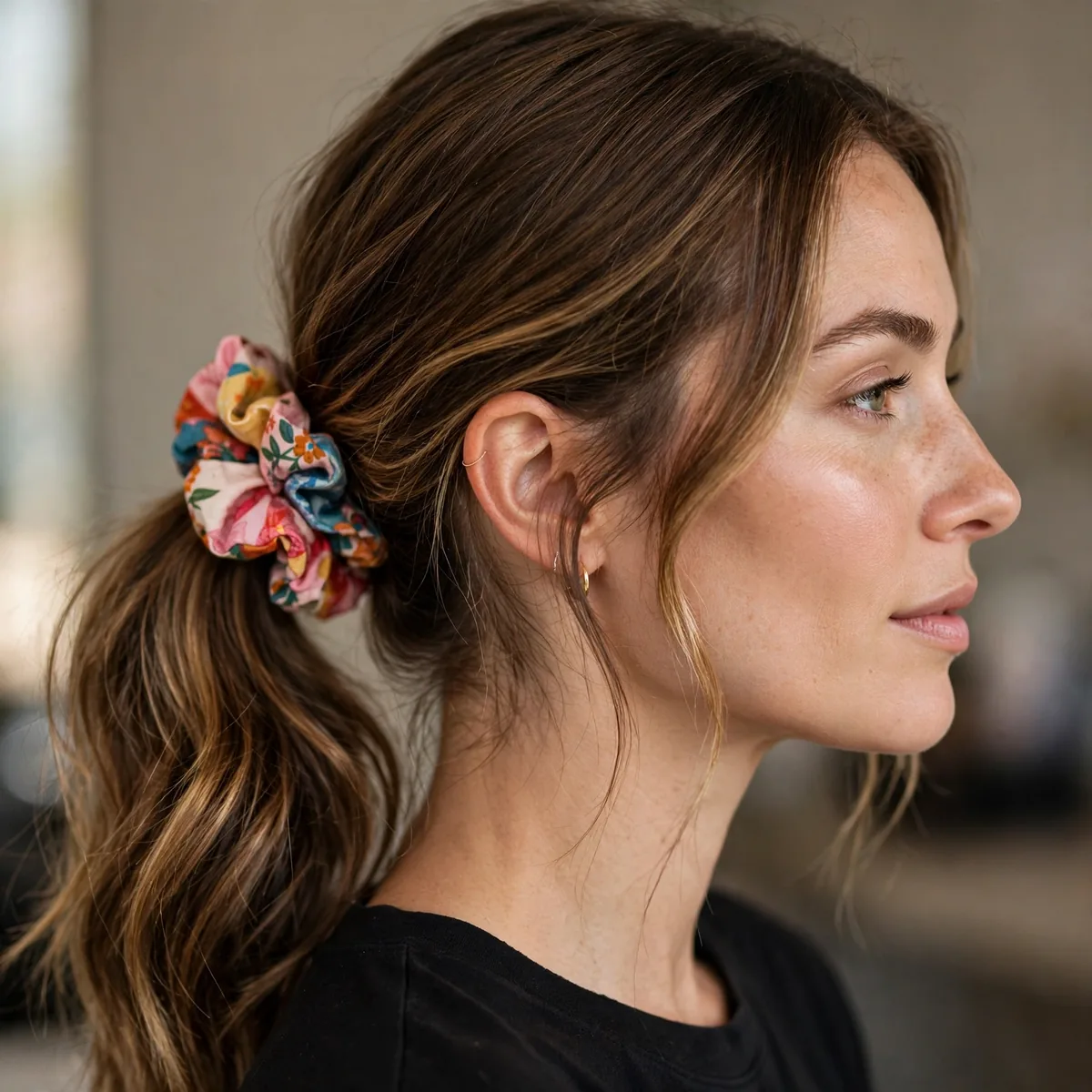 Low ponytail with colorful scrunchie