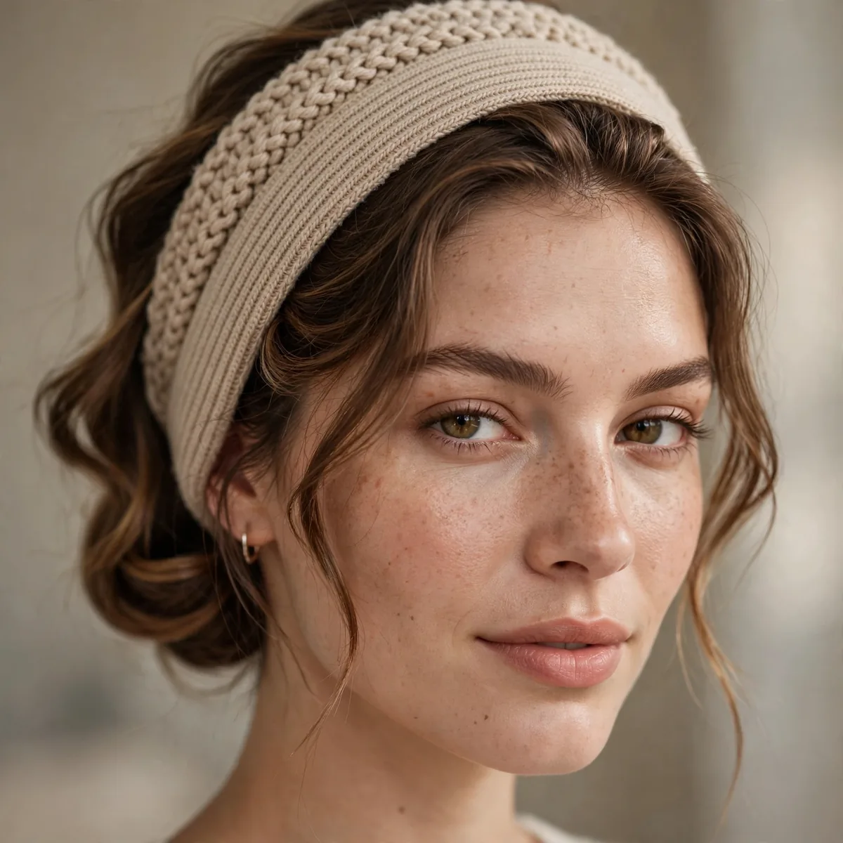 Hair tucked into a headband