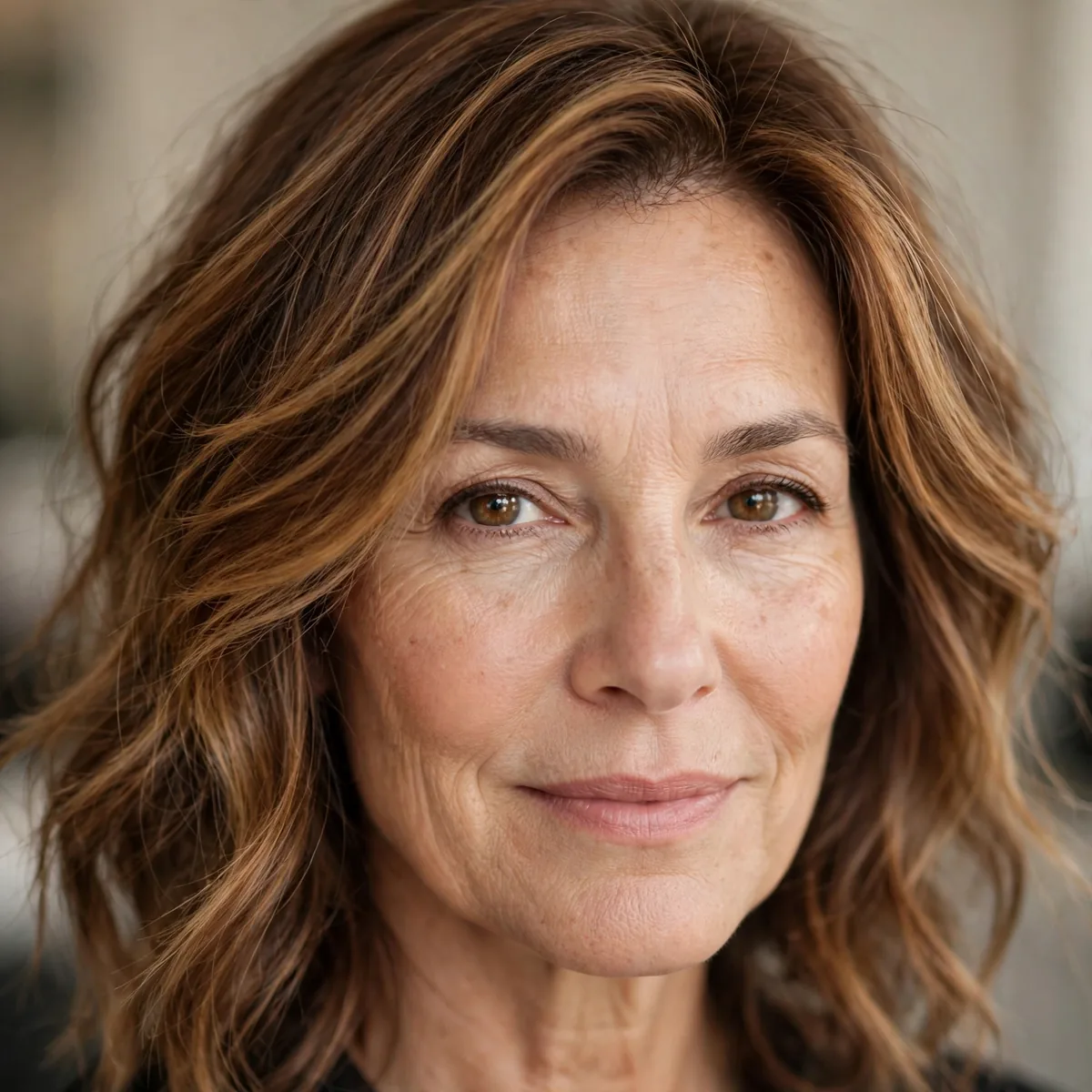 Woman over 50 with warm caramel balayage lift on brown hair