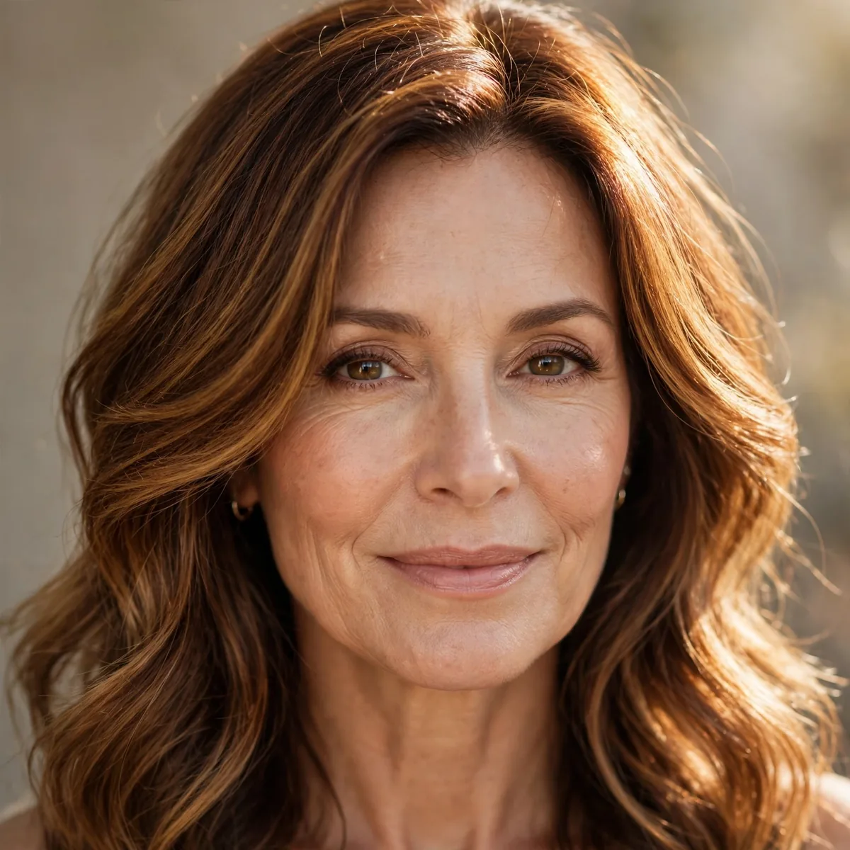 Woman over 50 with sunlit chestnut balayage warmth