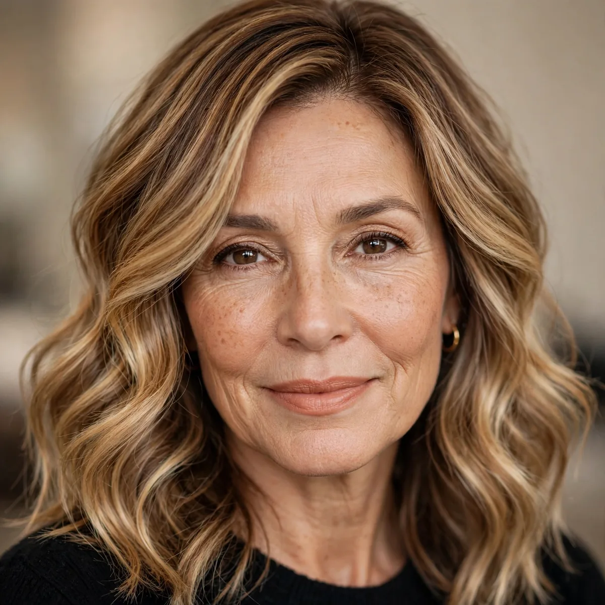 Woman over 50 with creamy butterscotch balayage highlights