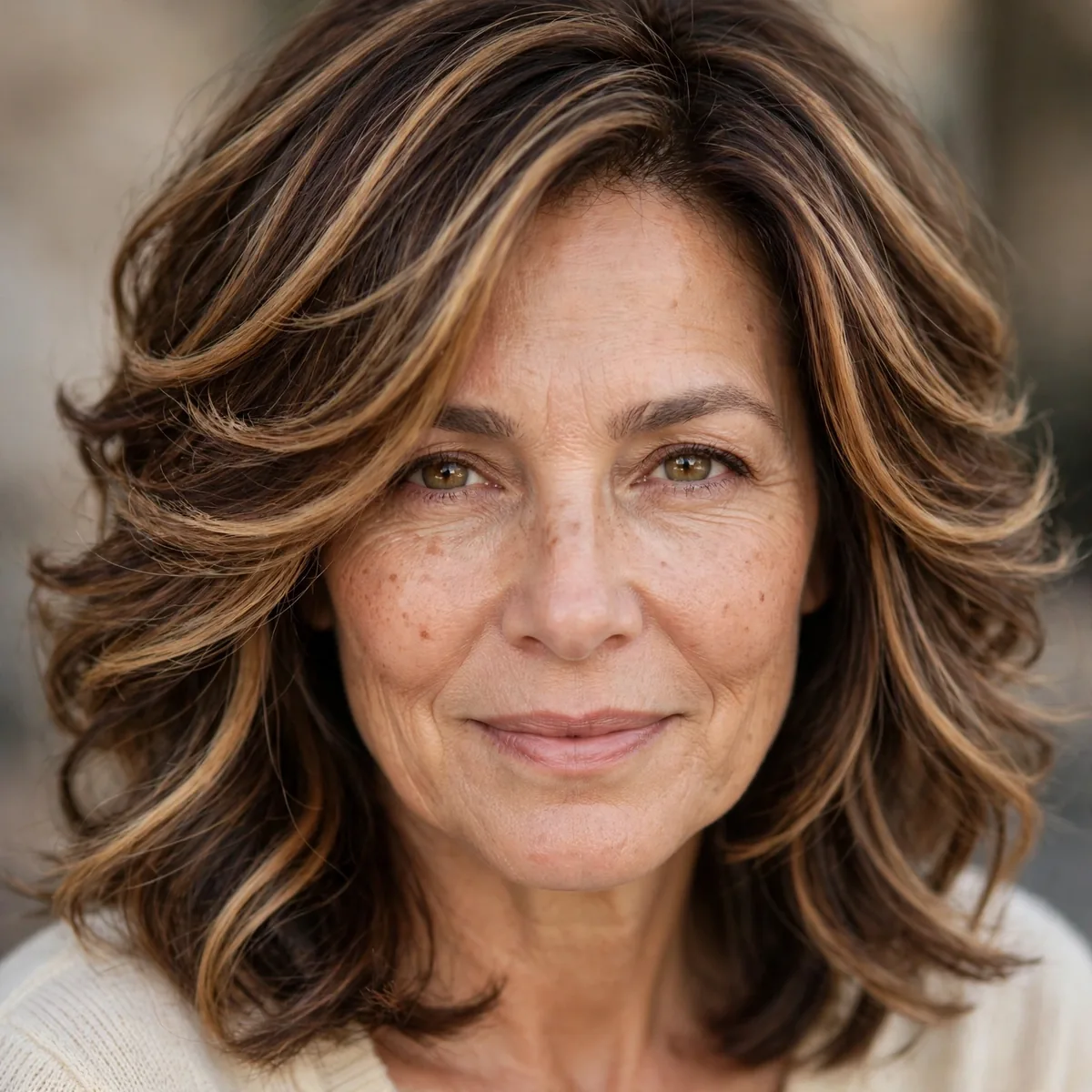 Woman over 50 with toffee ribbon balayage on layered hair