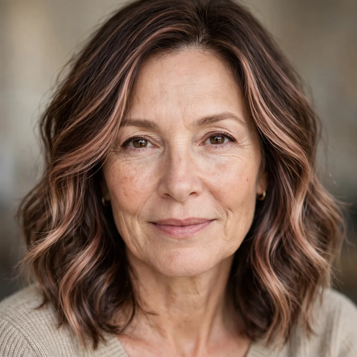 Woman over 50 with subtle rose gold balayage whisper