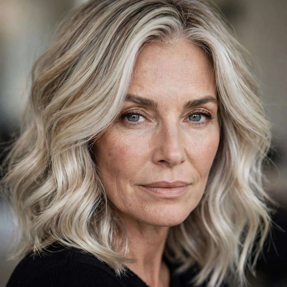 Woman over 50 with icy dimensional blonde balayage