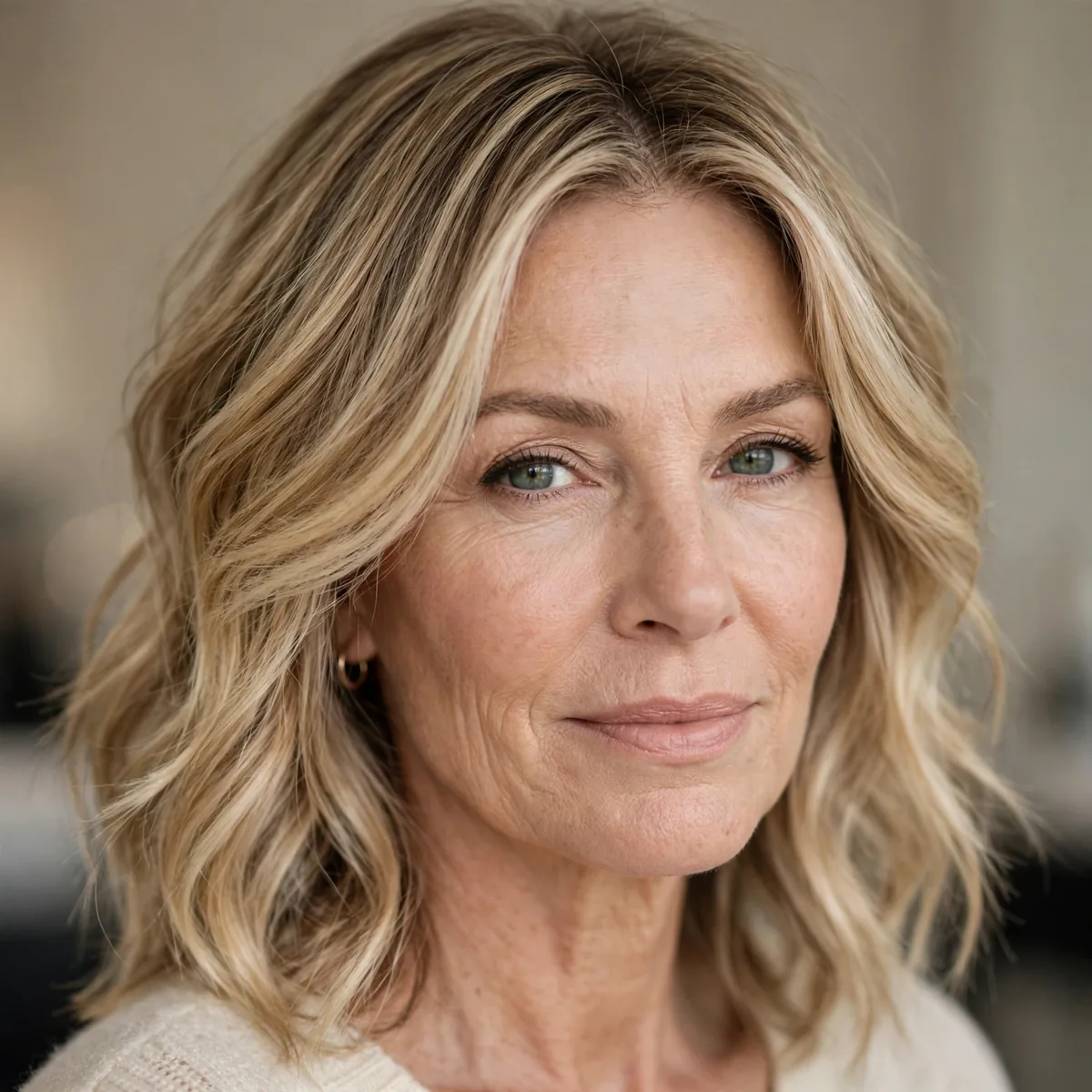 Woman over 50 with sandy blonde balayage refresh