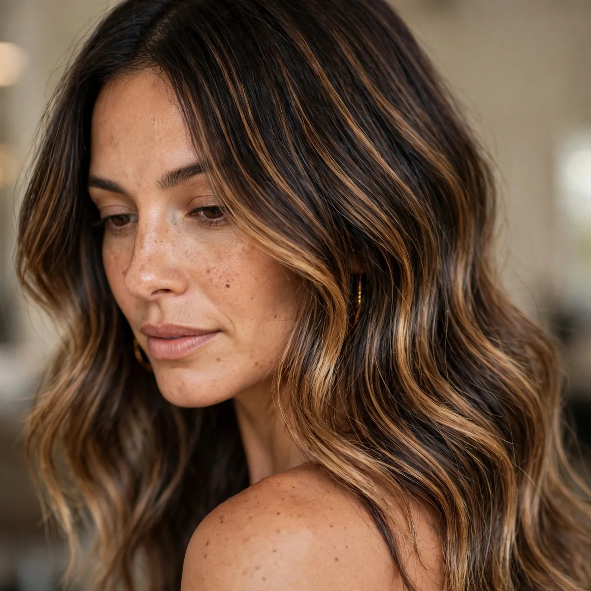 Caramel balayage on dark hair