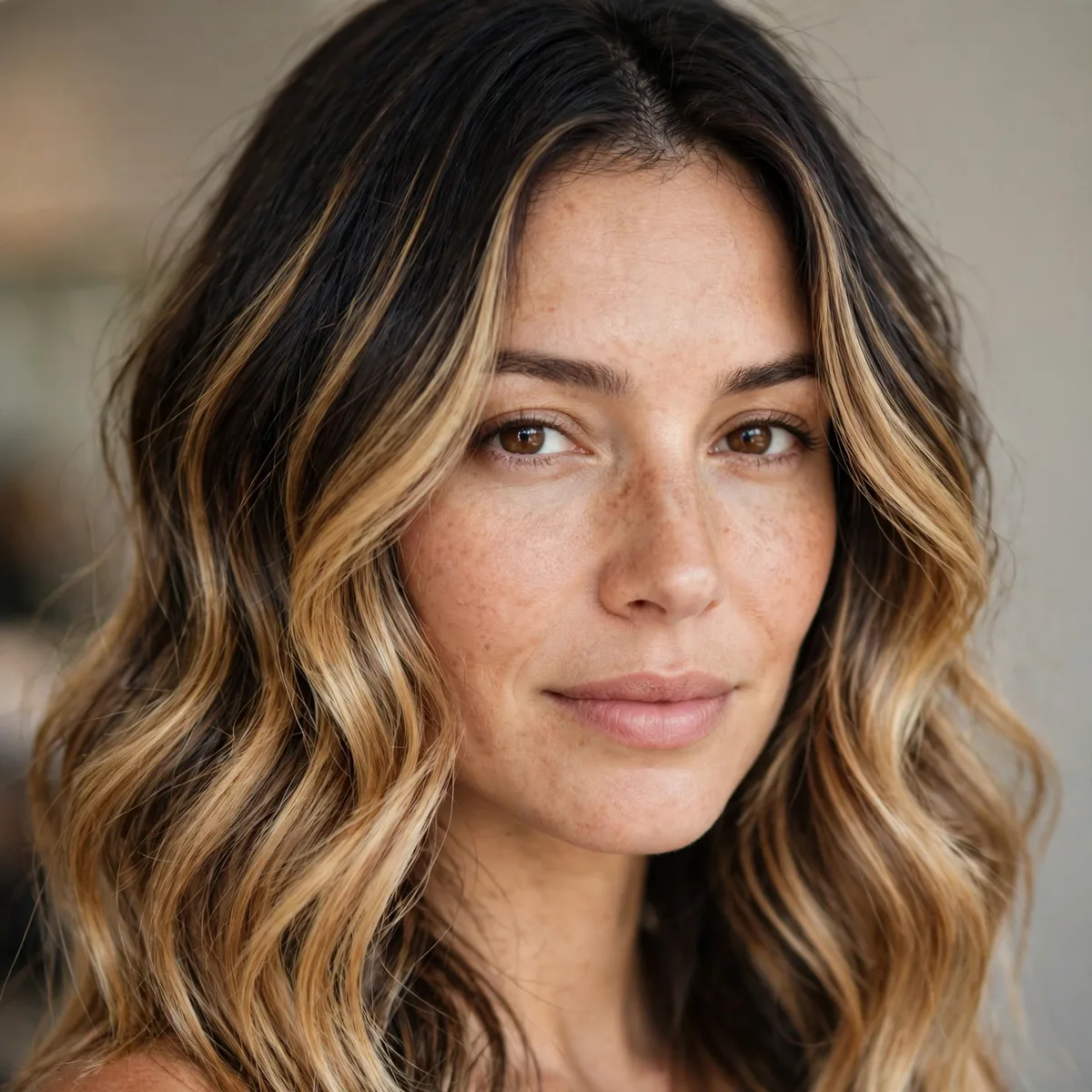 Honey blonde balayage on dark hair