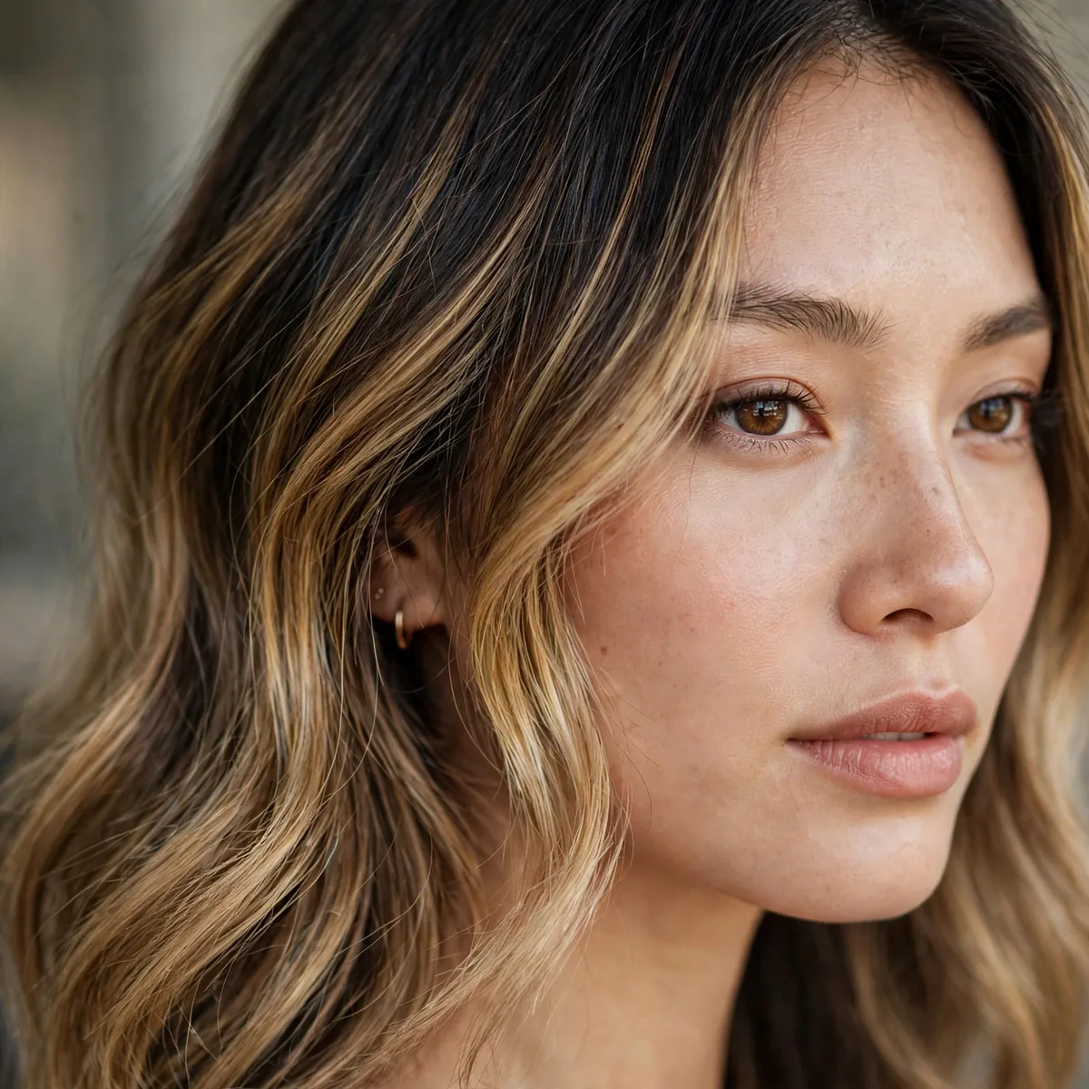 Golden bronde balayage blend on dark hair