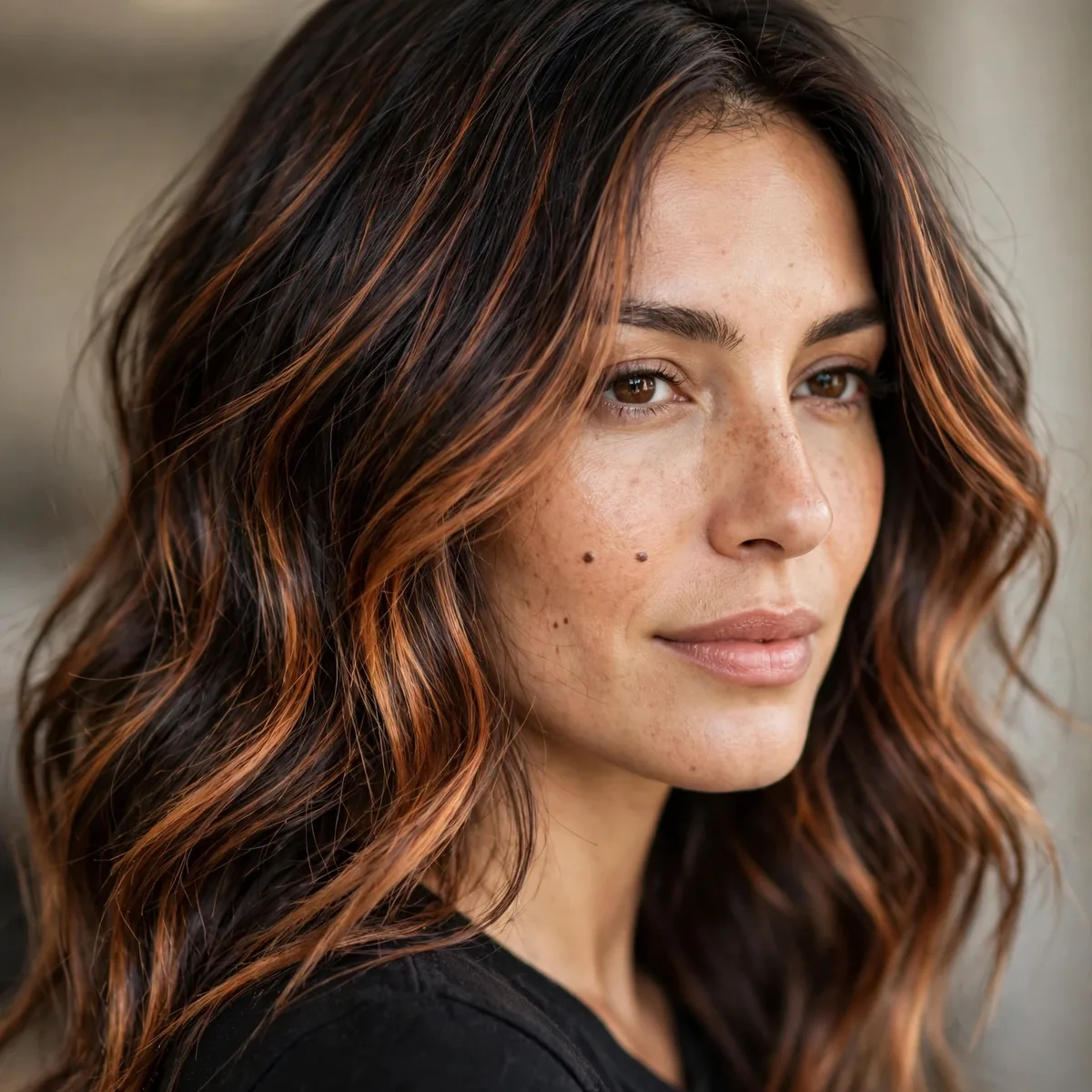 Copper balayage highlights on dark hair