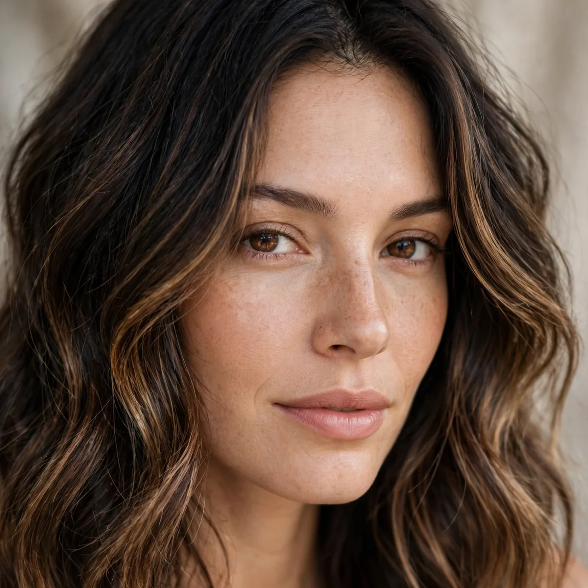 Subtle sun-kissed balayage on dark hair