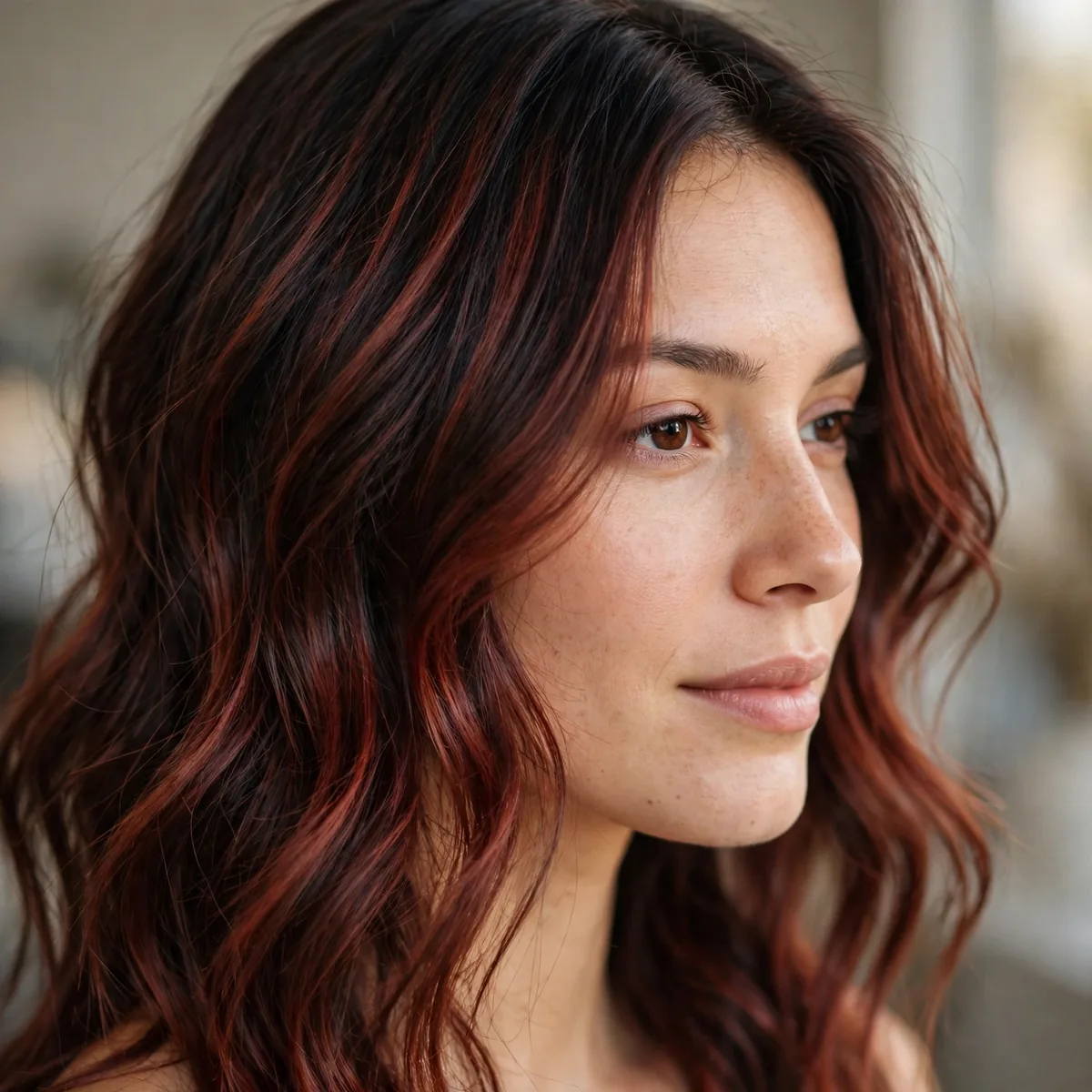 Mahogany red balayage on dark hair
