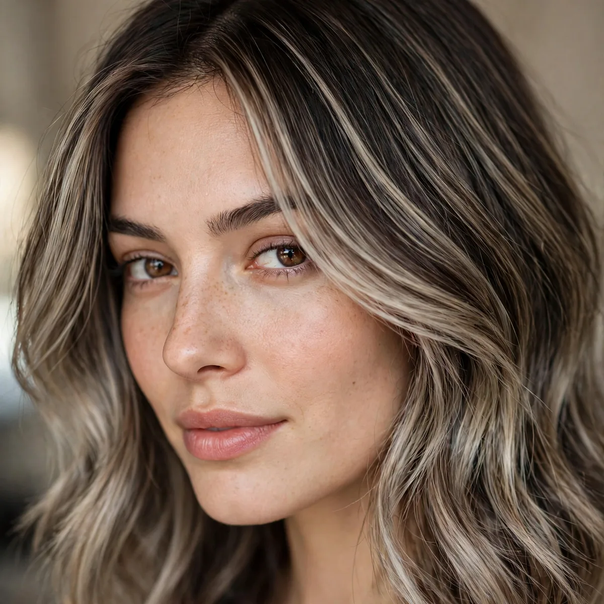 Cool beige balayage on dark brown hair