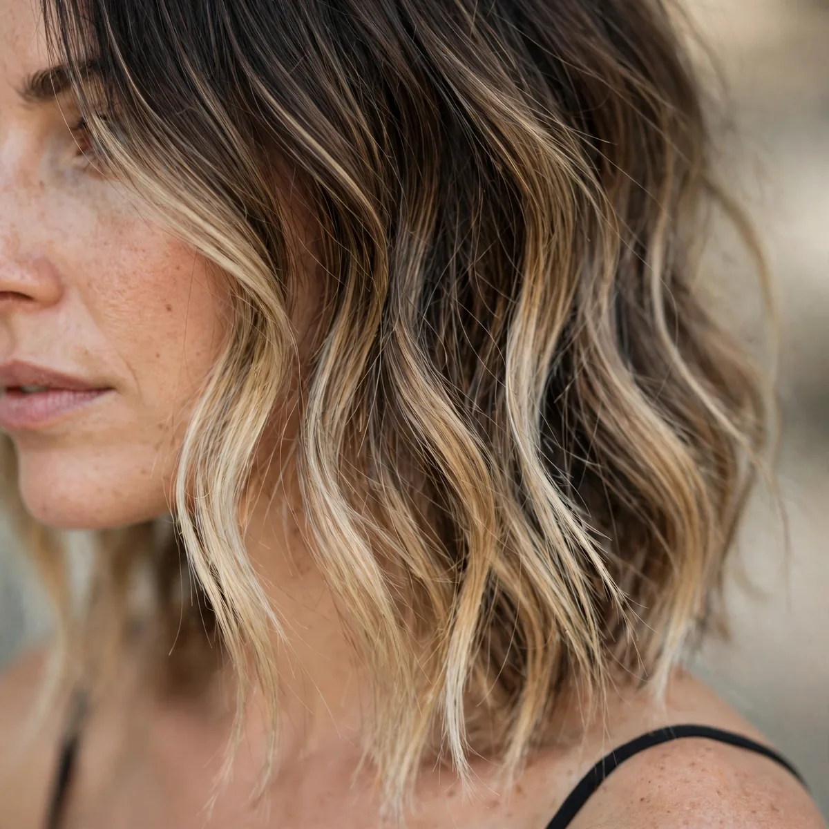 Lived-in dark blonde balayage ends