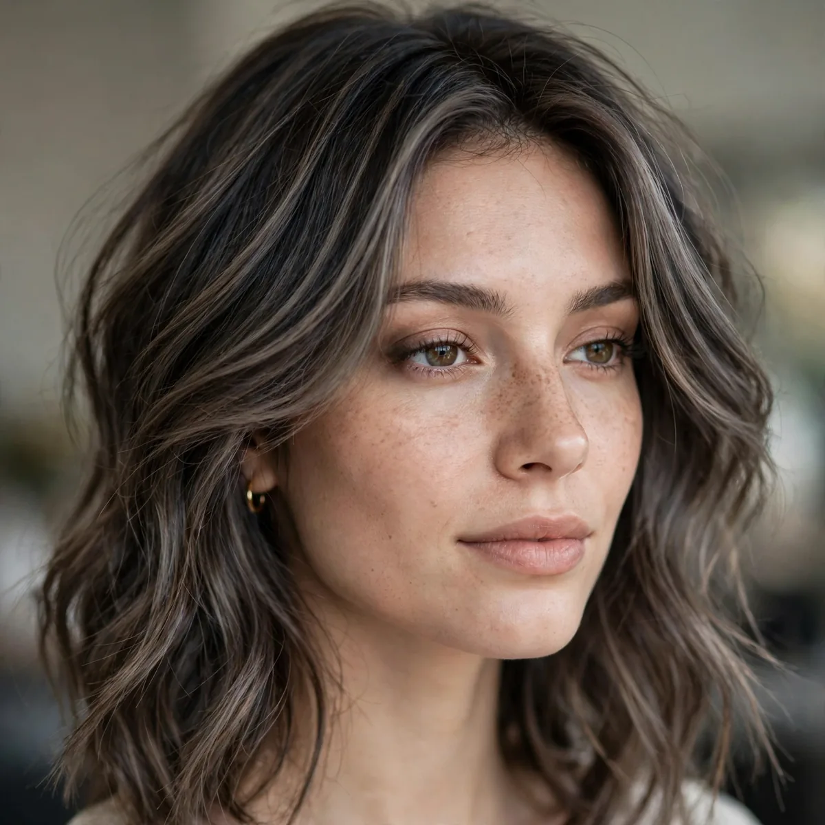 Smoky brunette balayage with cool dimension