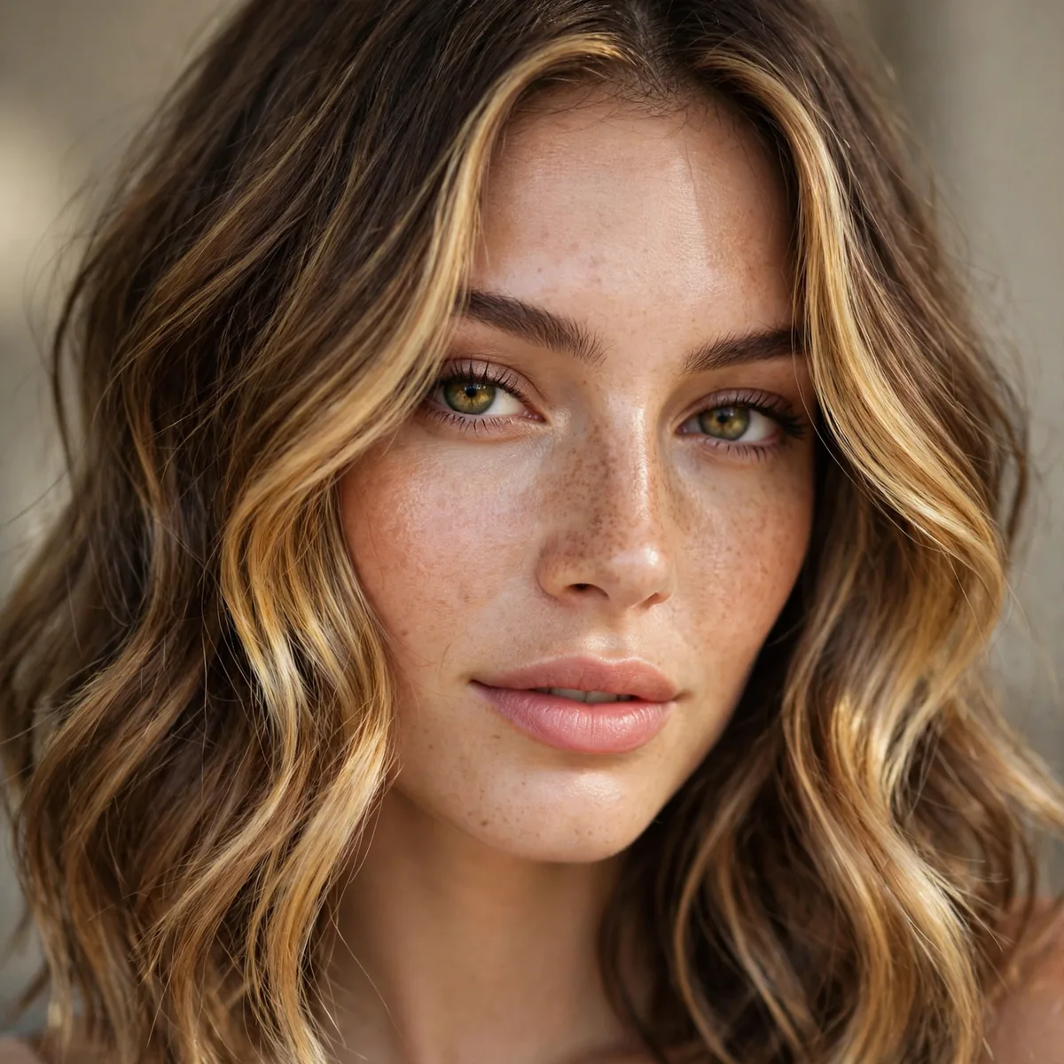 Golden face-framing balayage highlights