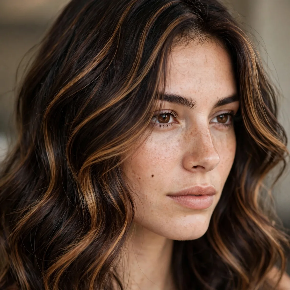 Dark chocolate hair with caramel ribbon balayage