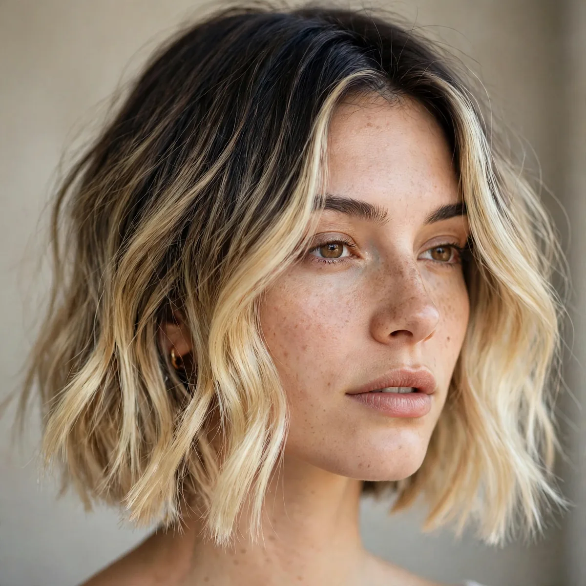 Dark roots with bright balayage ends on bob