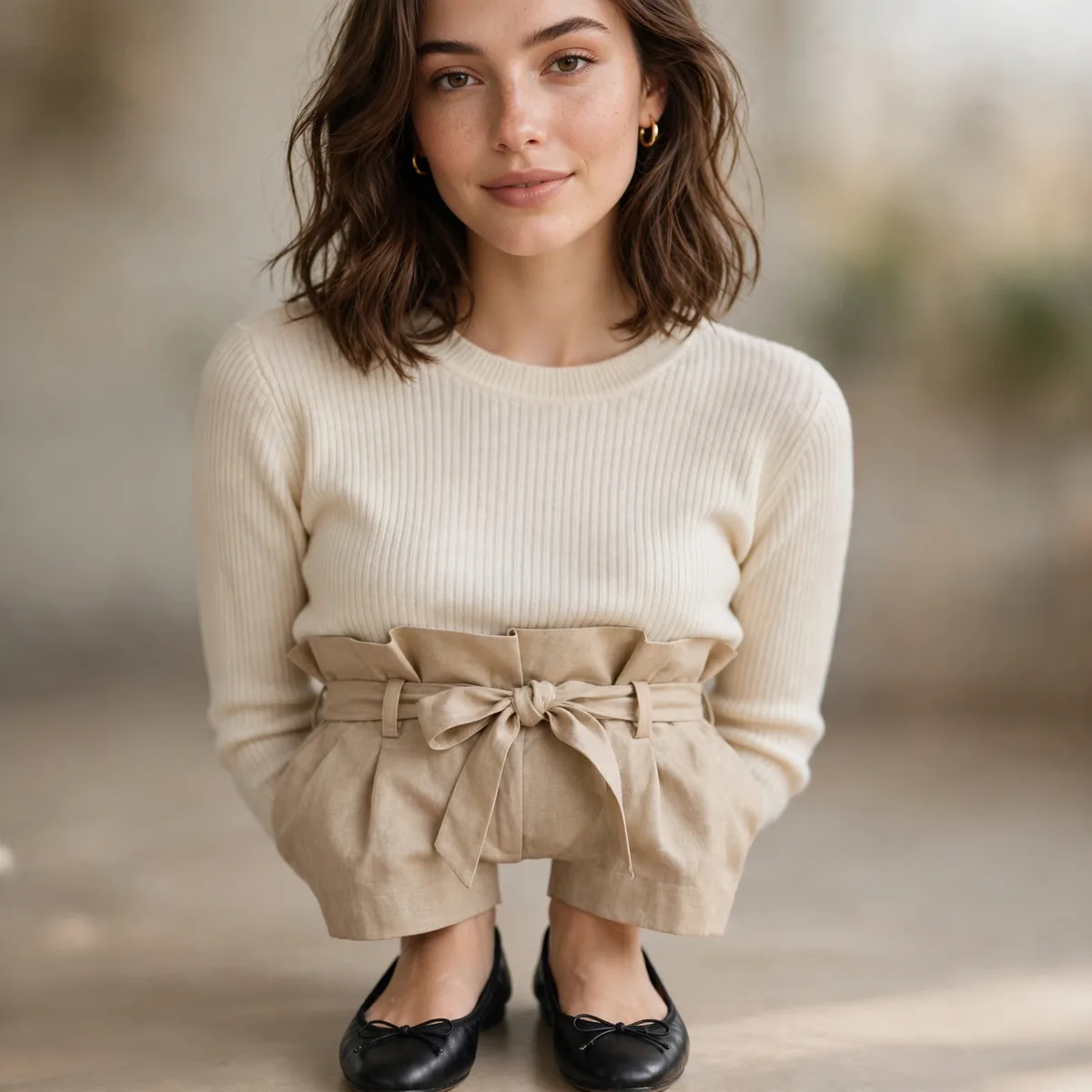 Ballet flats with paperbag waist trousers