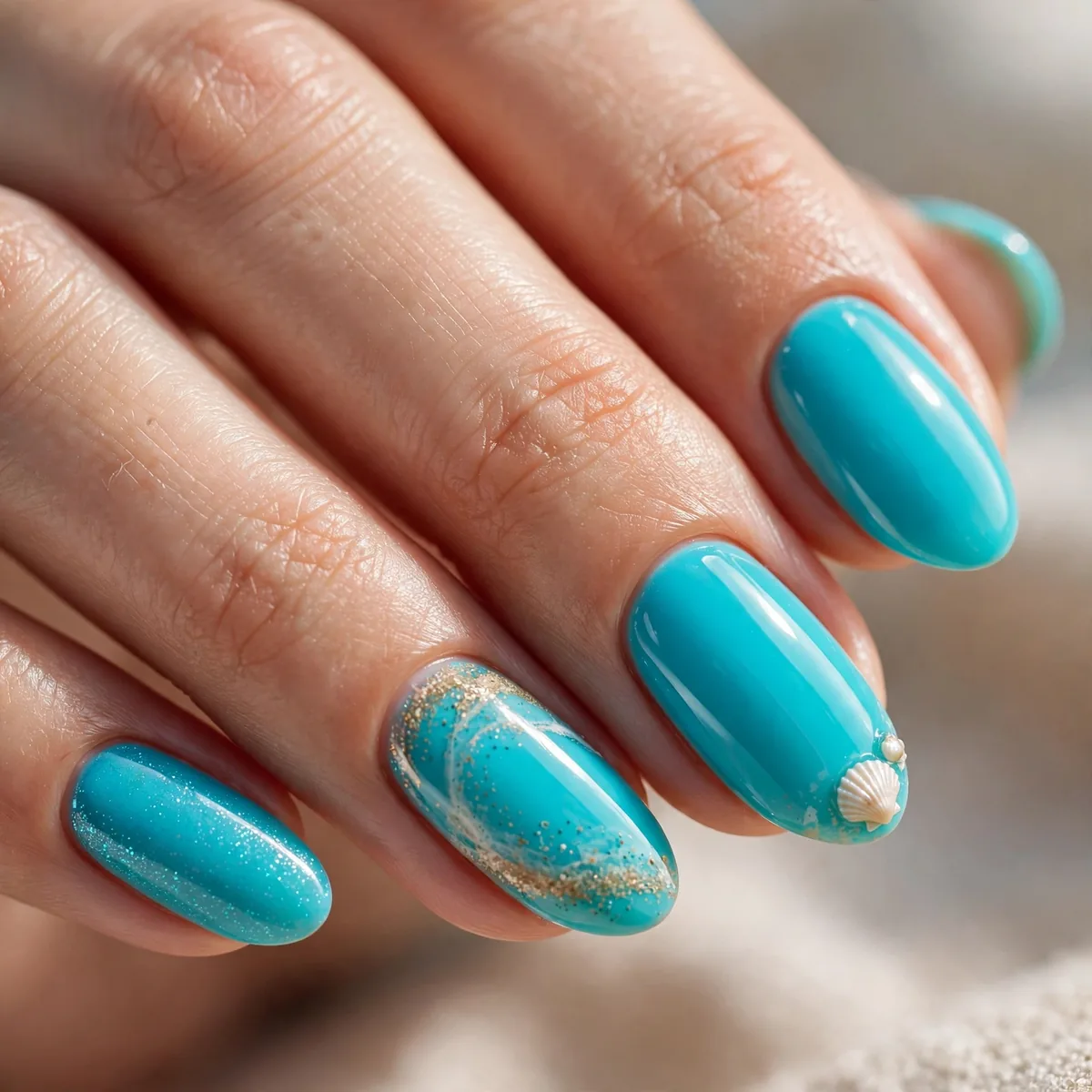 Bright turquoise beach nails