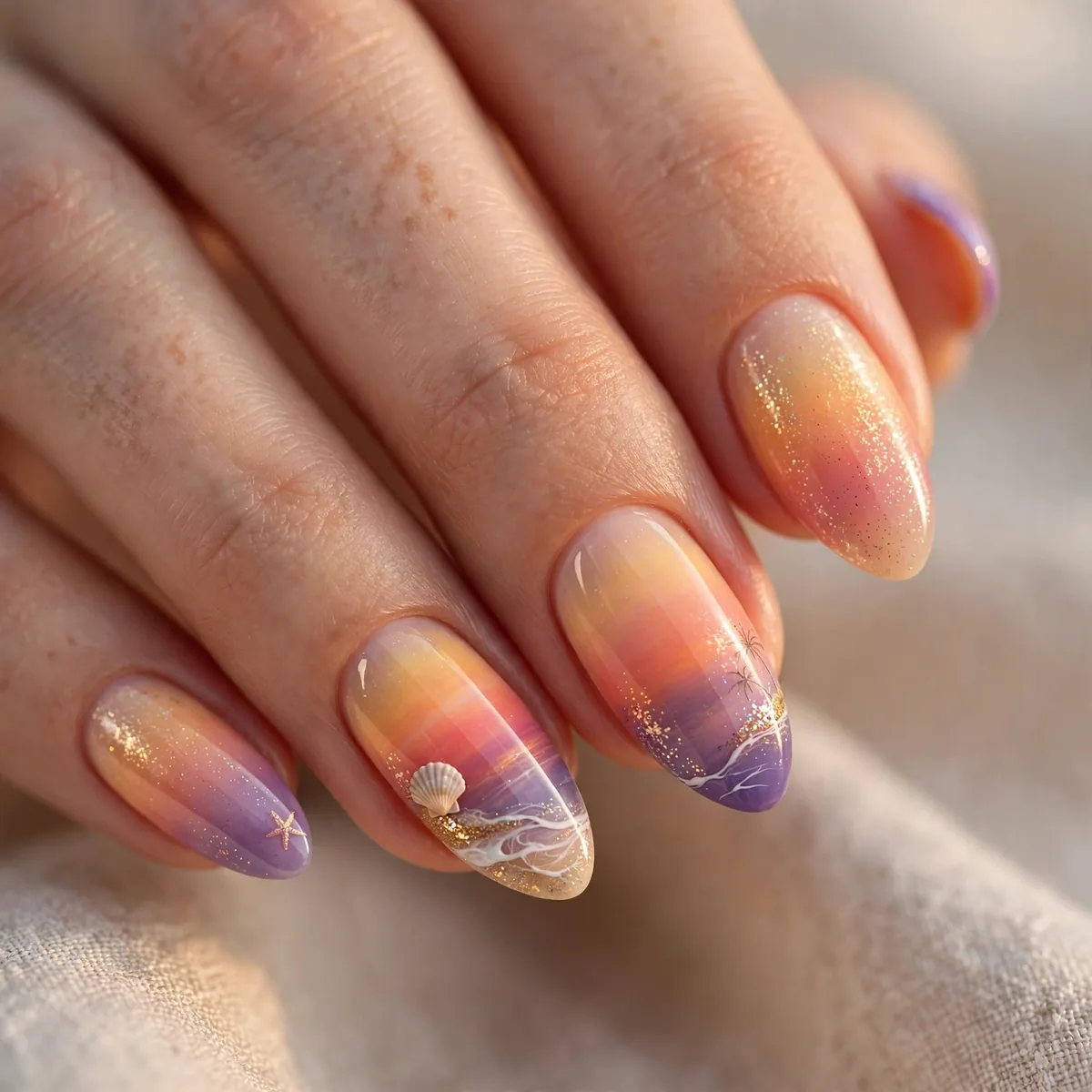 Sunset ombre beach nail design
