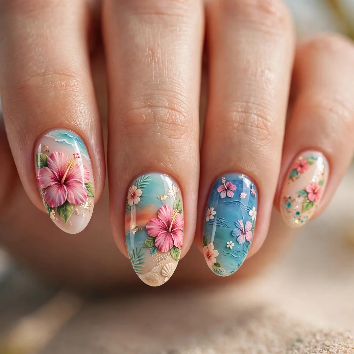 Tropical hibiscus beach nail art