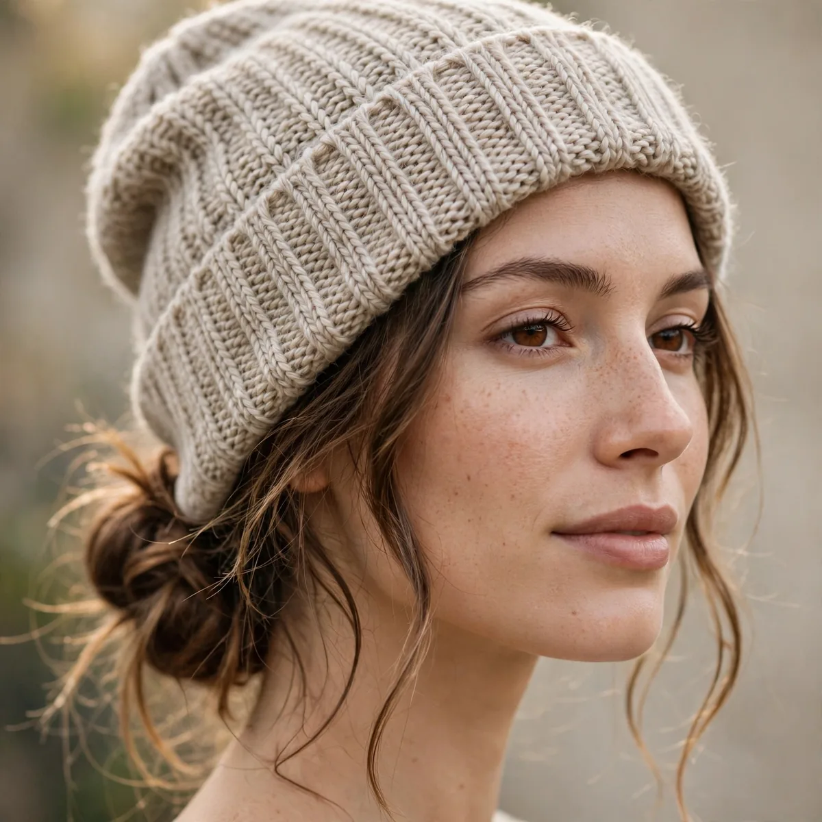 Woman with a low loose bun under a knit beanie