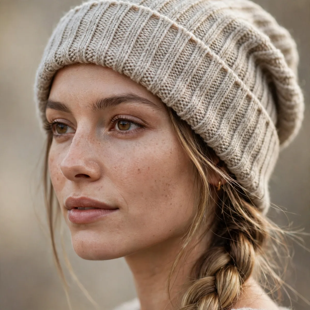 Woman with a side braid peeking from under a beanie