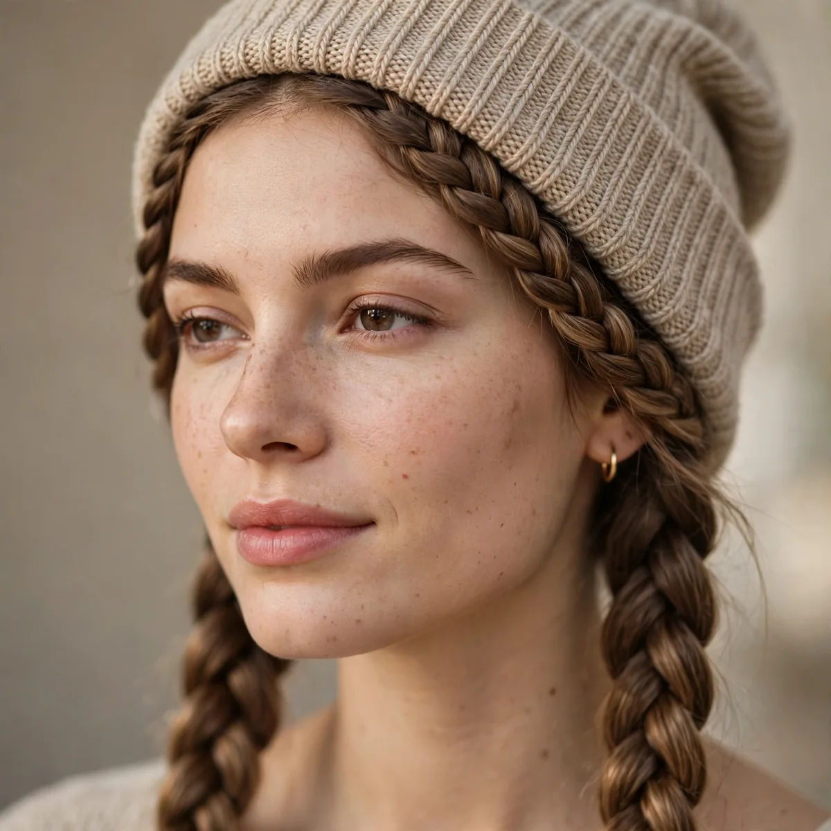 Woman with double dutch braids under a beanie hat