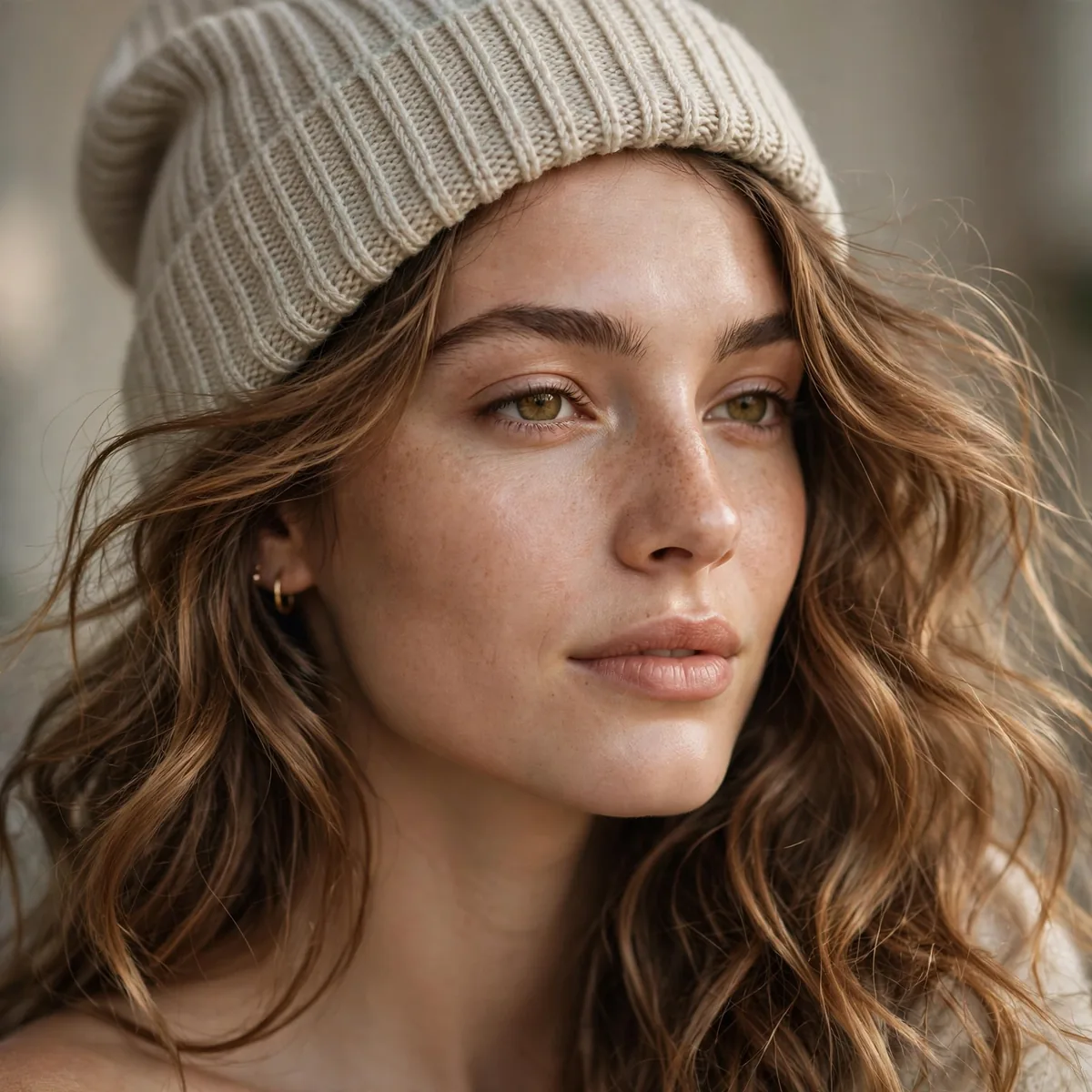 Woman with loose waves flowing from under a beanie