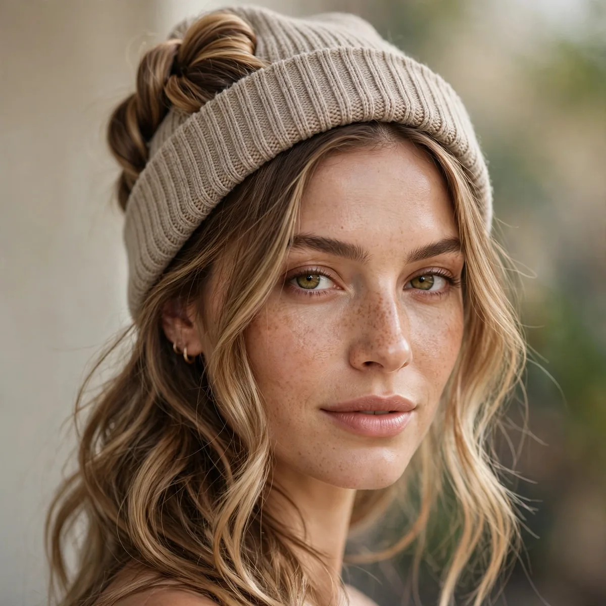 Woman with a half-up twisted hairstyle under a beanie