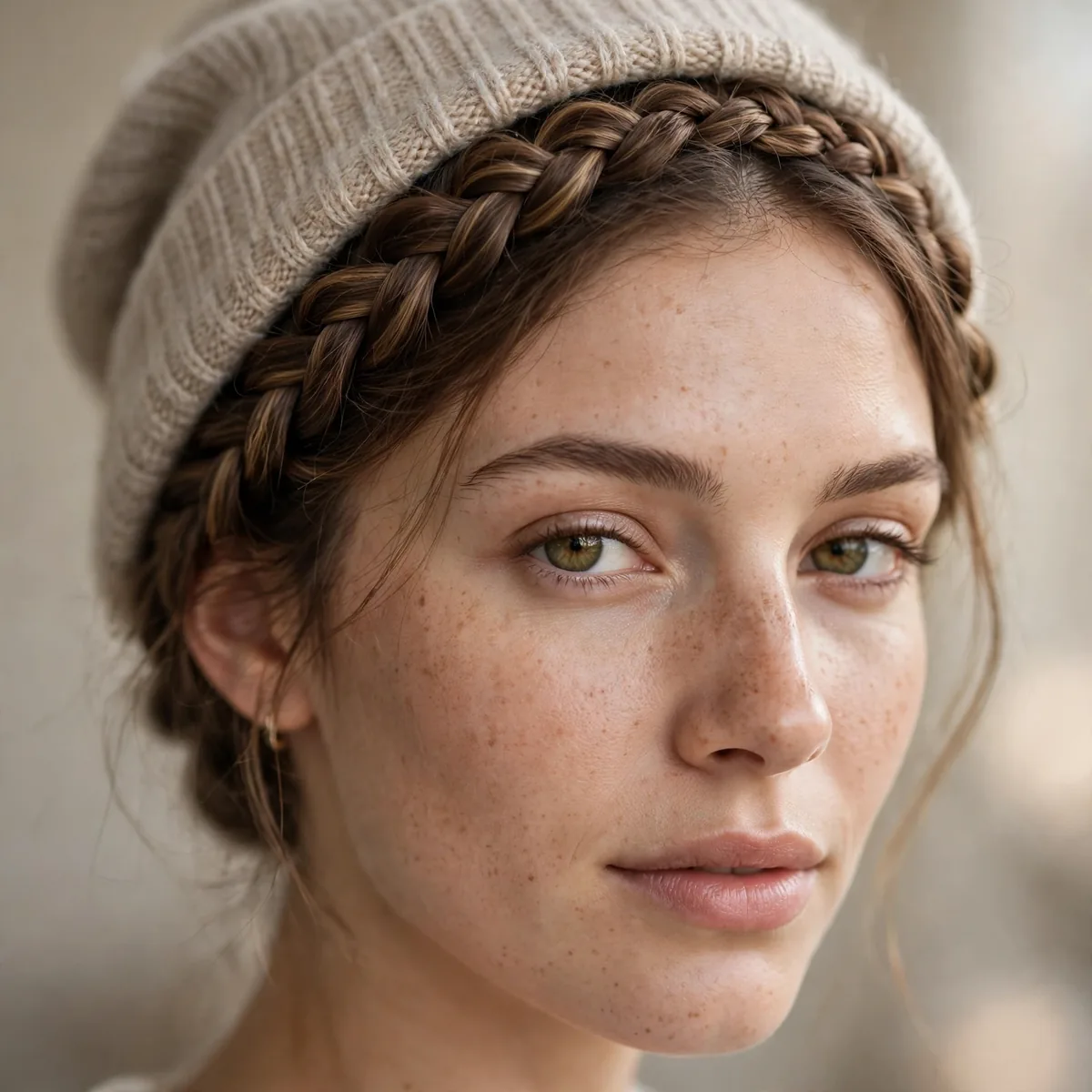 Woman with a french braid crown under a beanie
