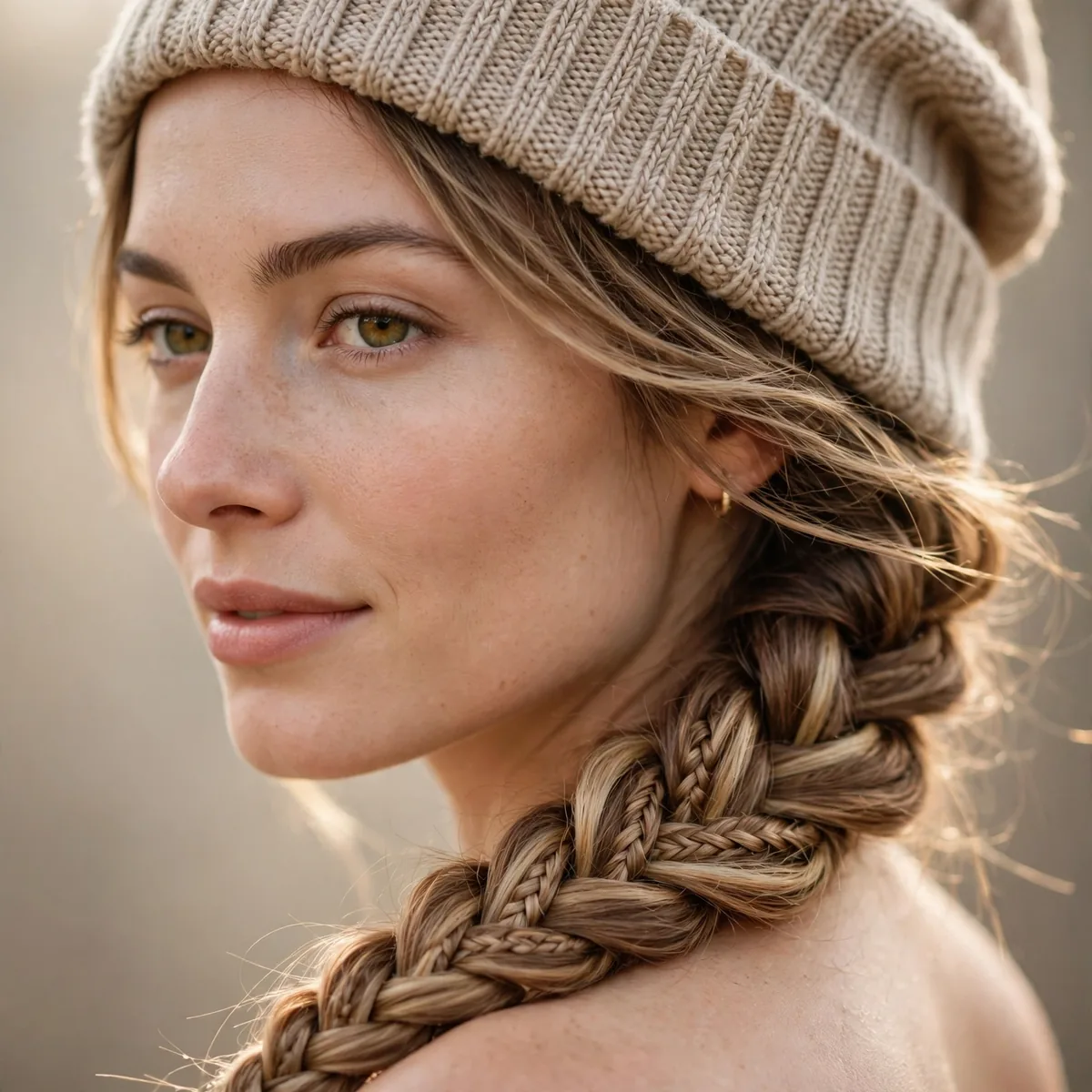 Woman with a side-swept fishtail braid and beanie