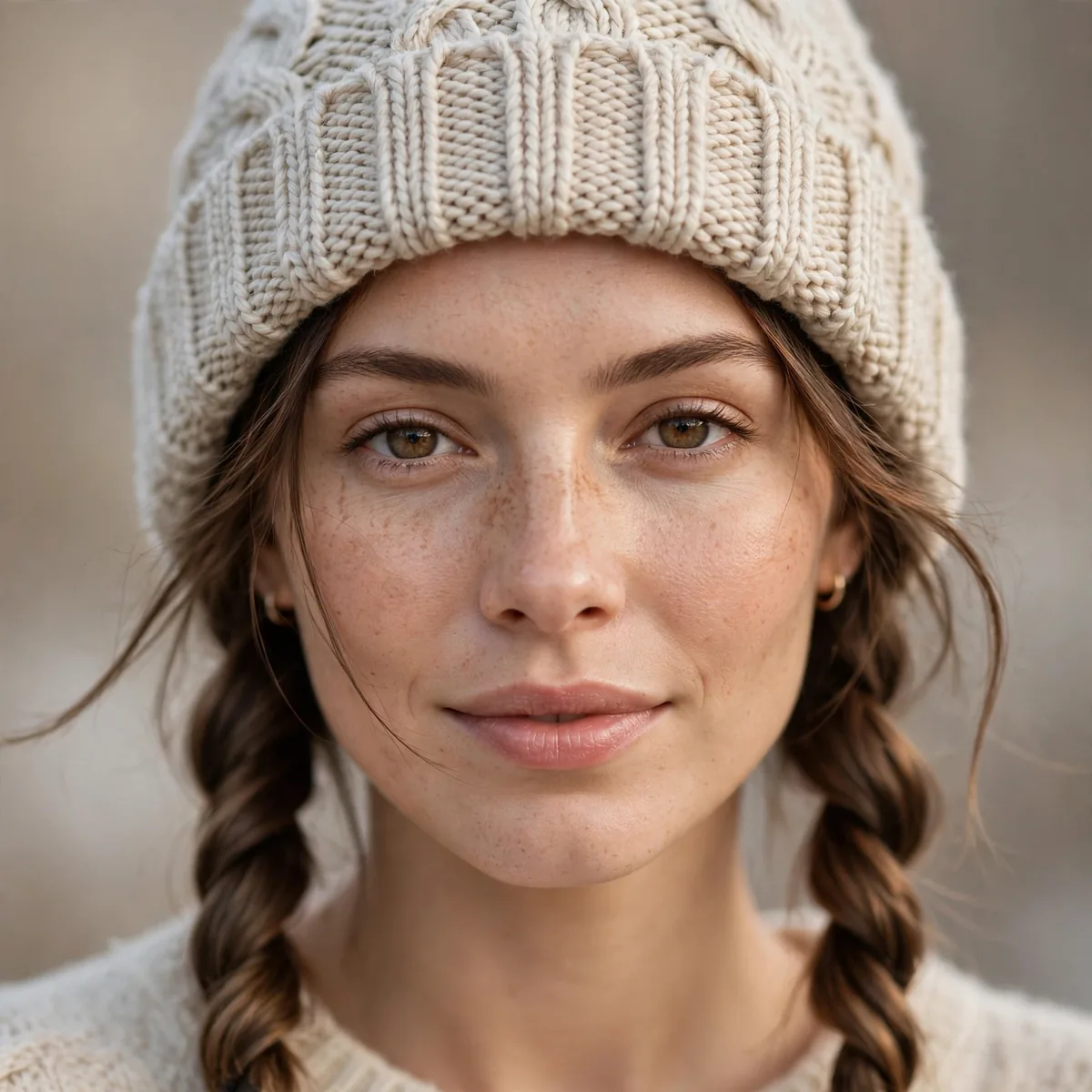 Woman with twisted pigtails under a winter beanie