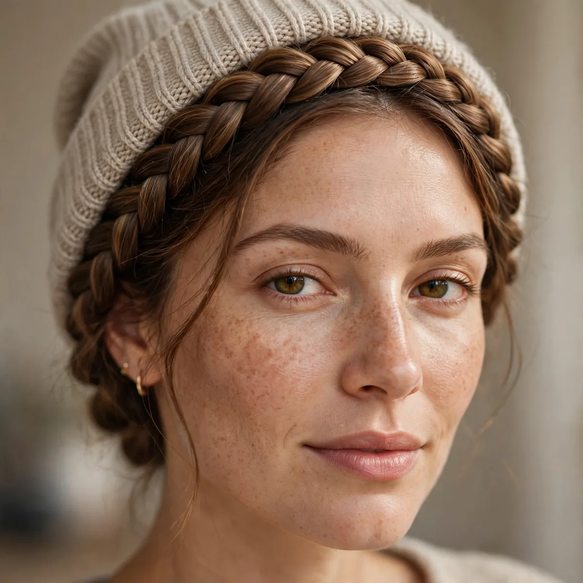 Woman with a milkmaid braid crown under a beanie