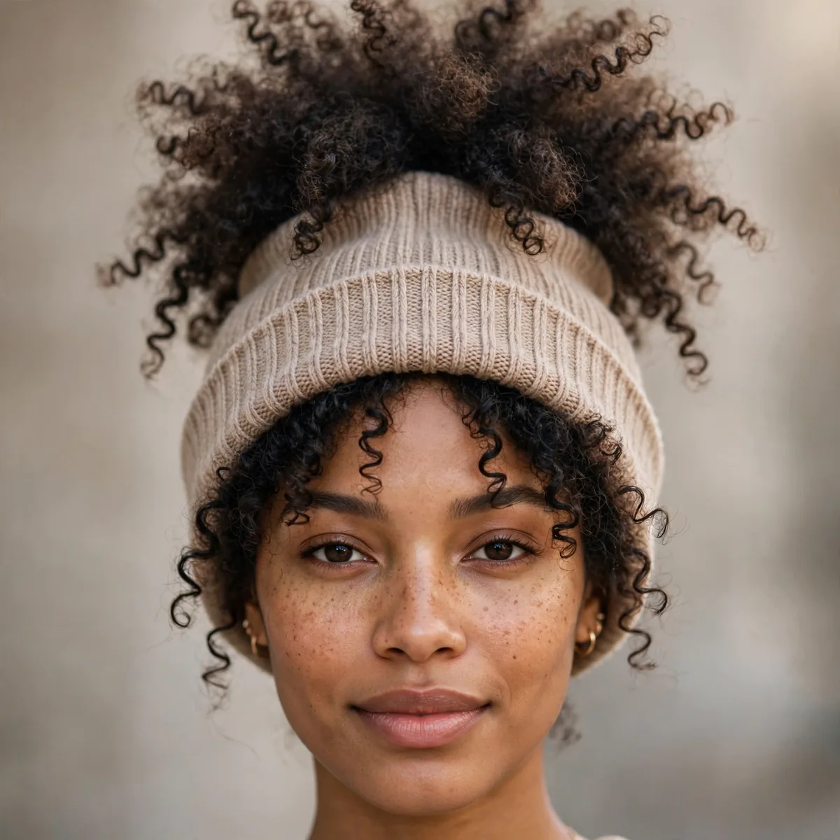 Woman with curly pineapple puff hairstyle and beanie