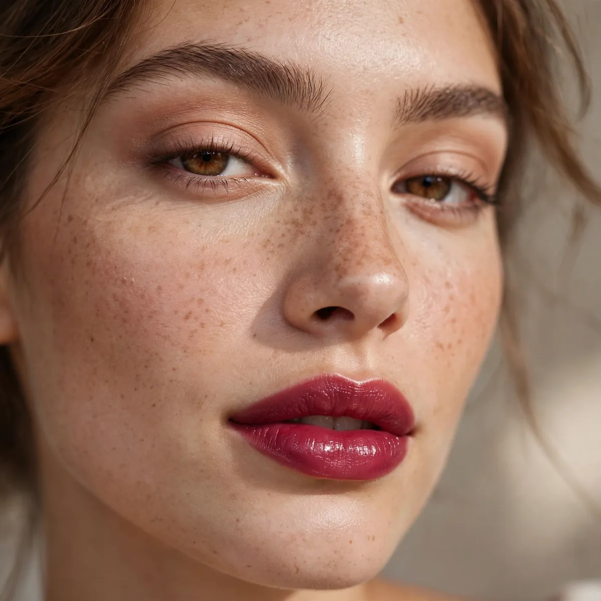 Berry lips with nude eye makeup