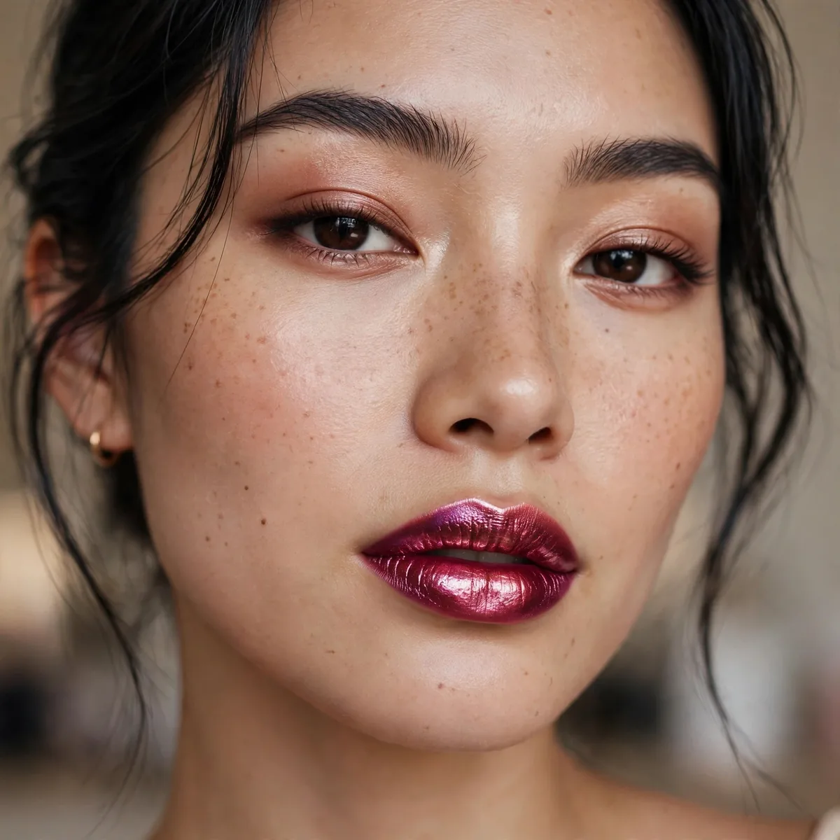 Metallic berry lipstick accent