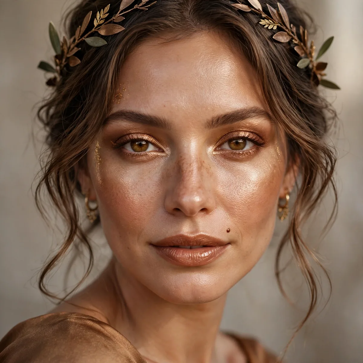 Woman with bronze goddess birthday makeup look