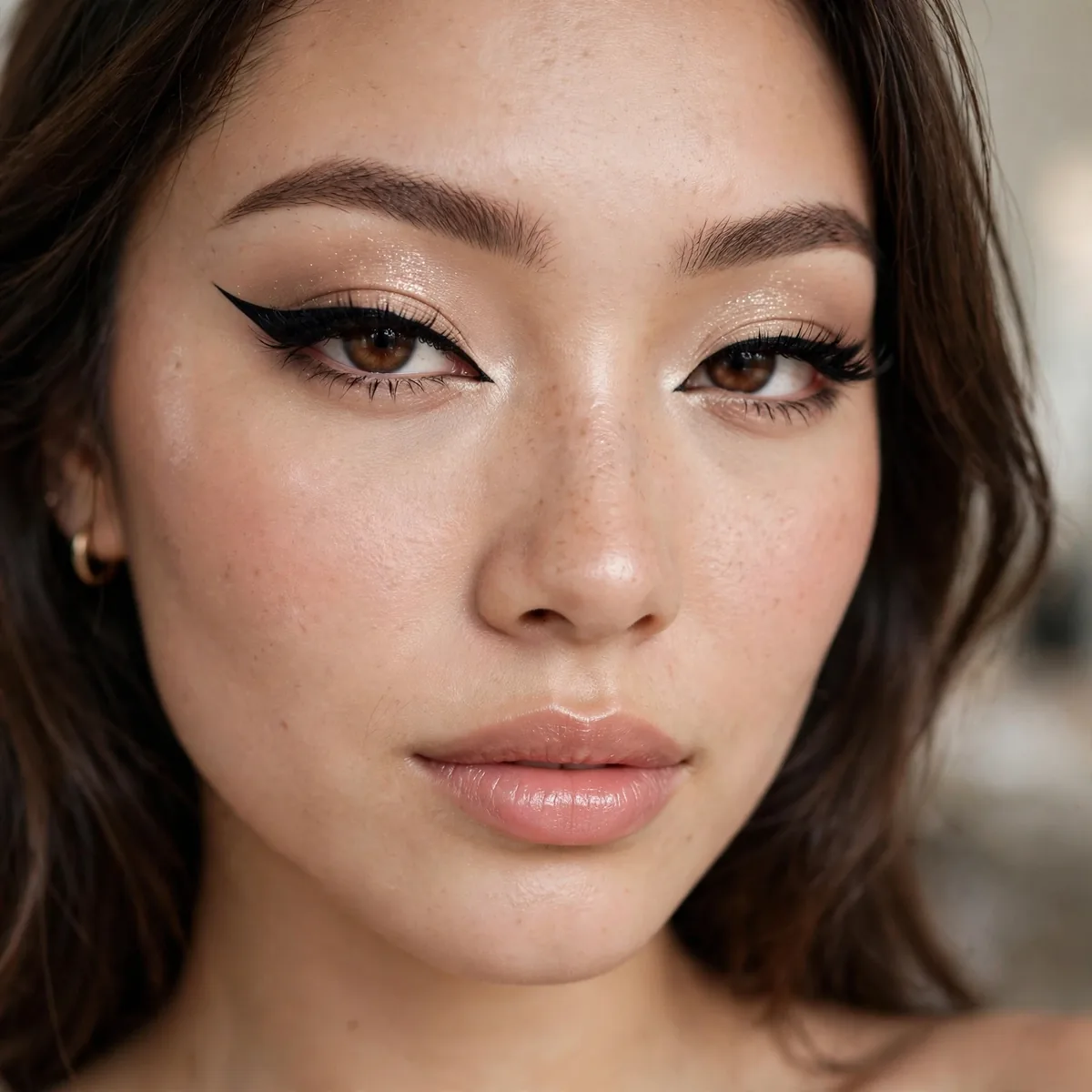Woman with classic winged eyeliner birthday makeup