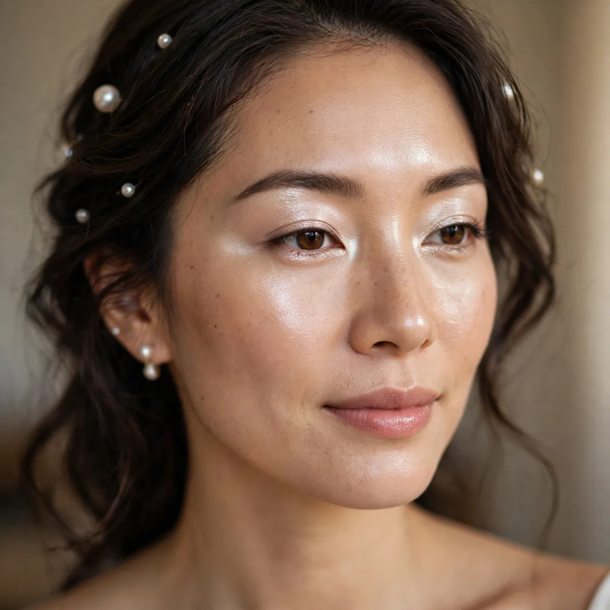 Woman with pearl sheen elegant birthday makeup