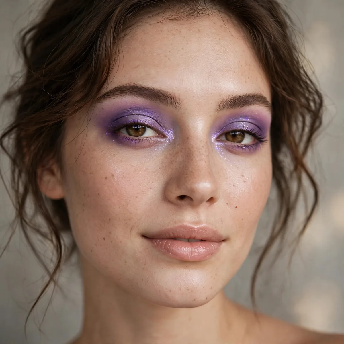 Woman with violet haze eyeshadow birthday night makeup