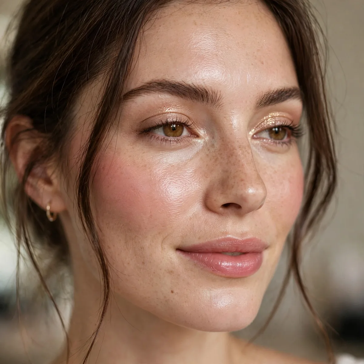 Woman with dewy fresh faced birthday makeup