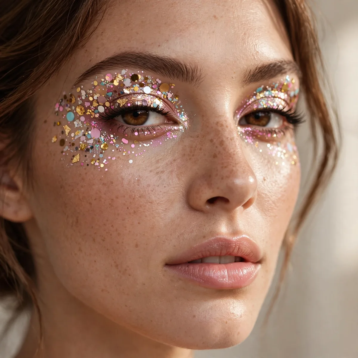 Woman with confetti shimmer eyeshadow birthday makeup